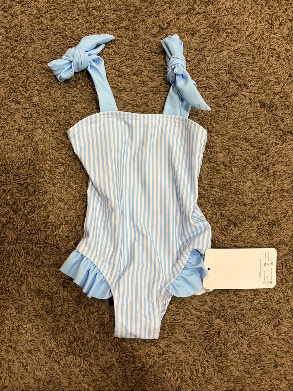 Girls' Light Blue Striped One-Piece Swimsuit with Tie Straps